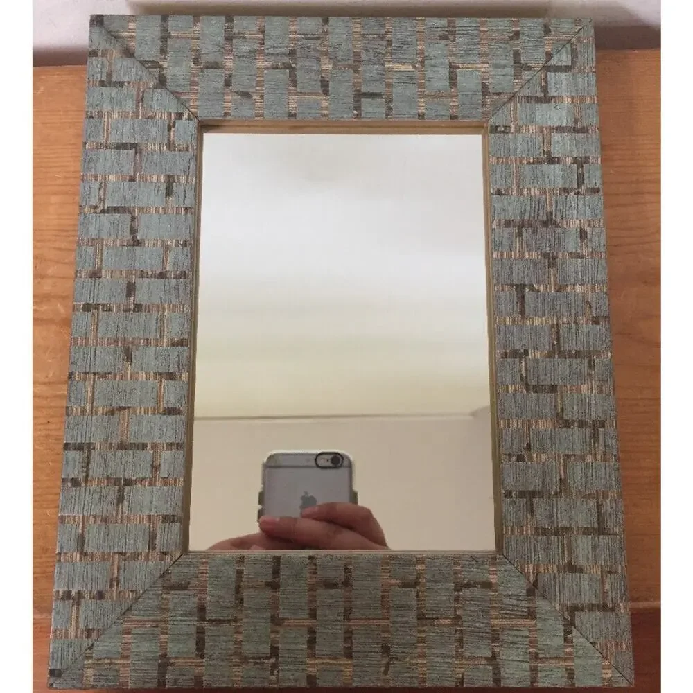 Vintage Rectangular Table Top Framed Mirror Gold Wooden Frame Blue Accents 8x10
